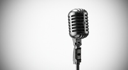 Fototapeta premium An isolated, gleaming vintage microphone stands ready against a bright, clean white background.