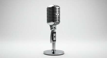 A shiny vintage microphone stands ready for recording or broadcasting in a clean studio.
