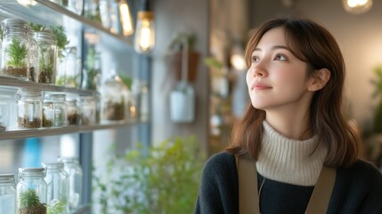 Contemplative woman in a cozy plant shop, surrounded by natural beauty