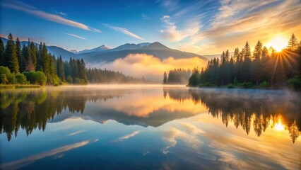 Obraz premium A serene mountain lake at sunrise with mist and reflections, mountain, reflection