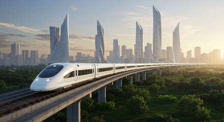 Futuristic cityscape with a high-speed train traversing an elevated track through green landscape at sunset, showcasing modern architecture
