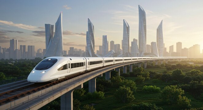 Futuristic cityscape with a high-speed train traversing an elevated track through green landscape at sunset, showcasing modern architecture - Powered by Adobe