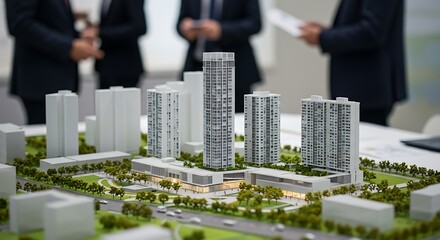 Architectural model of a modern cityscape with business people discussing project details
