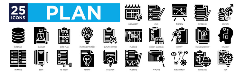 plan icon collection set. Containing design Installment, Plan, Tactical, Notebook, Growth, Planning, Weekly Calendar, Survey, Financial Report, Strategy, Materials, Diagram, Game Plan, Planning Strate