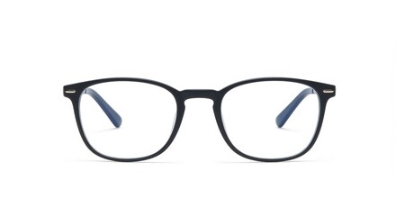 Fototapeta premium A contemporary pair of black-rimmed eyeglasses, perfectly centered on a clean white surface.