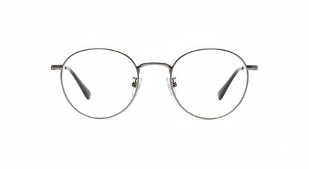 A close-up shot of modern, round-framed eyeglasses, isolated on a white backdrop.