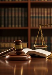 Wooden gavel and scales of justice symbolizing law and order in a legal setting