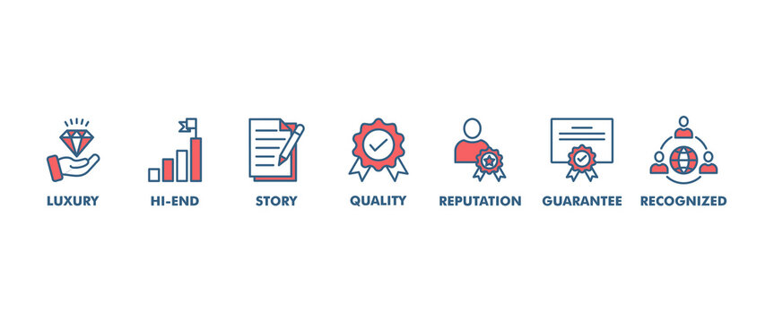 Super brand banner web icon vector illustration concept with icon of luxury, hi-end, story, reputation, quality, guarantee, recognized, limited and loyalty