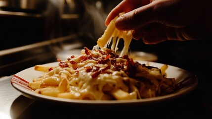 Indulge in Loaded Fries, A Delicious Blend of Cheese, Bacon, and Potatoes with a hand grabbing it