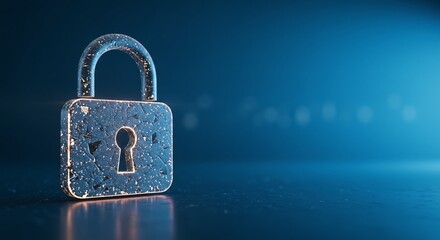 Iluminated Padlock icon on blue background. Digital data protect. Cyber data (Information Privacy). Copy space banner