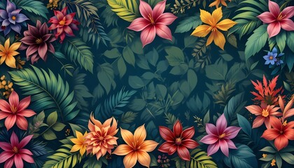 Vibrant Tropical Flower Bouquet with Lush Foliage as Design Element and Background Graphic