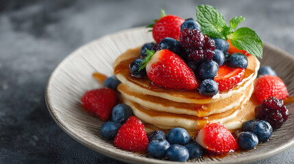 Delicious pancakes with fresh berries and maple syrup breakfast food photography recipe idea sweet dessert