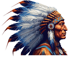 Obraz premium Profile of a Native American Chief with Detailed Headdress and Feathers