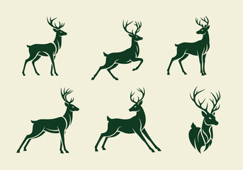 Six Dark Green Deer Silhouettes in Various Poses with Antlers