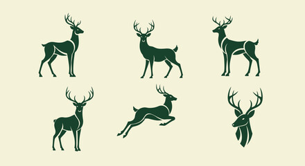 Six Stylized Deer Silhouettes Standing Leaping and Head Designs