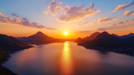 Fototapeta premium Sunset over mountains reflecting in serene water, with warm colors and clouds
