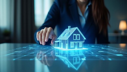 Real estate professional visualizing a house model on a futuristic digital interface