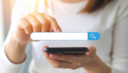 SEO, search engine optimization (SEO), and web search interface concepts. A woman points to the search bar with a smartphone, representing online search, SEO, web visibility strategies, and digital na