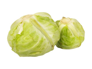 Close-Up of Two Fresh Green Cabbage Heads Isolated on White Background Showing Leaf Texture and...