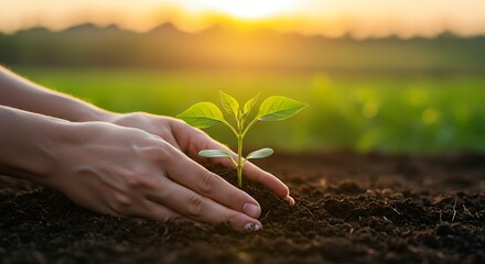 Nurturing young plant with hands during golden sunset for environmental conservation