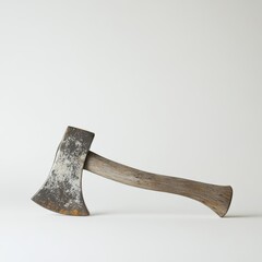 A weathered, small hatchet with a worn wooden handle rests on a plain white background, showcasing its aged, rustic appearance