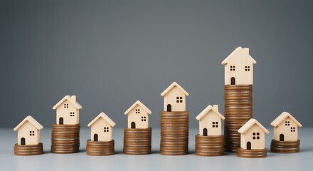 Miniature wooden houses on stacks of coins representing real estate investment growth