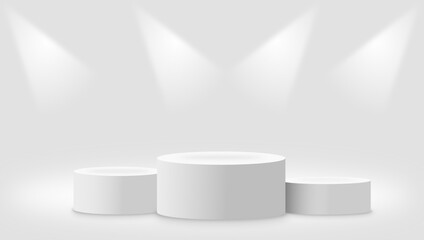 Illuminated White Podium Display with Spotlights in a Minimalist Setting
