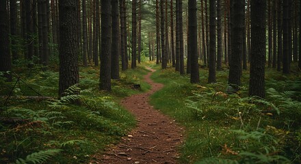 Fototapeta premium Walking Path Through Peaceful Forest with Tall Trees and Ferns