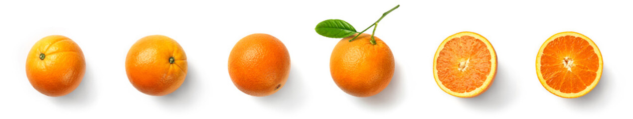 A set of oranges fruit, slices and leaves isolated on white background. Orange citrus fruit, top view, flat lay