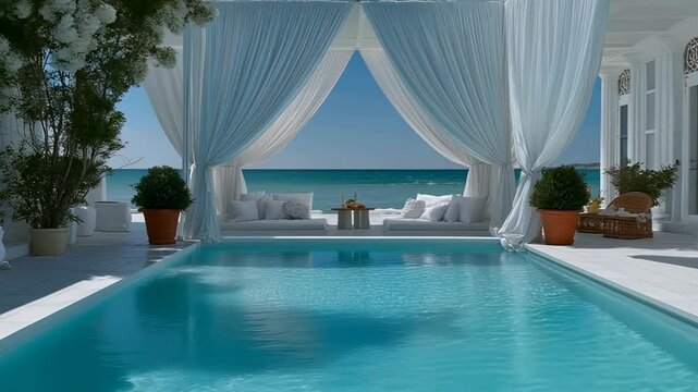 Minimalist seaside villa with archway and infinity poo