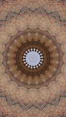 A symmetrical, kaleidoscopic pattern with concentric circles and zigzag lines in earthy tones