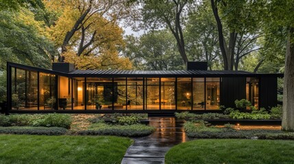 Fototapeta premium Modern glass-fronted home nestled within mature trees.