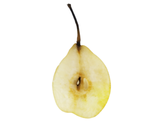 Sliced Yellow Pear Showing Inner Flesh, Seeds, and Core Structure Isolated on White Background