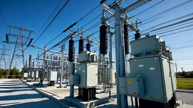 Outdoor Electric Power Substation with High Voltage Transformers and Overhead Powerlines - Powered by Adobe
