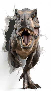 scary T-Rex breaking through a wall