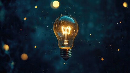 Glowing lightbulb against a dark, bokeh background