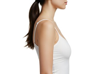 Fototapeta premium Close-up side view of a woman with natural bun hair. Beauty model concept studio shoot.
