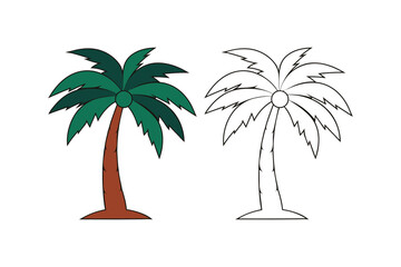 doodle cartoon vector illustration of a palm tree with color and outline versions isolated on white background