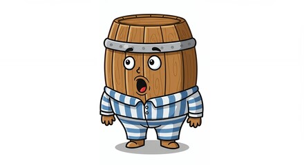 Cartoon barrel character in pajamas