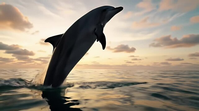 A pod of dolphins jumping out of the ocean at sunset in the open sea