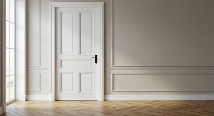 Naklejka premium White classic door in elegant interior with hardwood flooring.