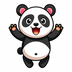 A delighted baby panda with its arms raised and a surprised expression appears to be jumping a white background