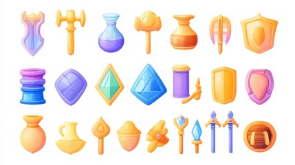 Colorful Flat Icons for Game Inventory Items on Isolated Background
