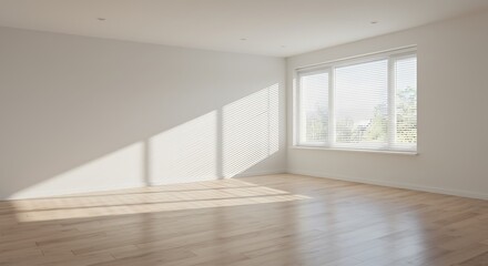 Obraz premium Bleached wooden empty room interior design, open space with parquet floor, window with venetian blinds, white walls, modern contemporary architecture concept idea