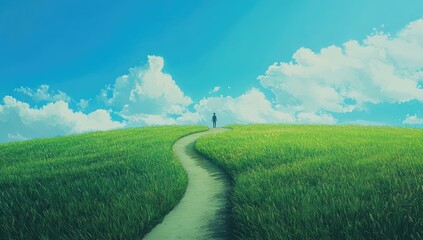 Fototapeta premium Solitary figure on winding path across vibrant green field under a bright blue sky