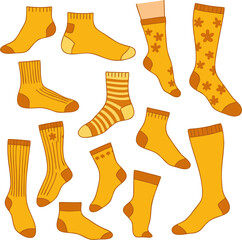 Vector set of yellow socks in various styles ankle, crew, and knee-high