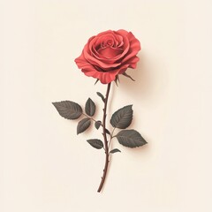 A single, red rose with dark green leaves and thorns, elegantly presented against a muted beige background