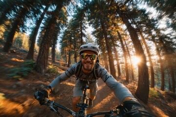 Mountain Biking Adventure. Cyclist enjoying thrilling ride through forest trails.