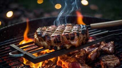 Night Barbecue Scene with Smoking Meat on the Grill