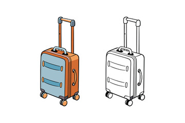doodle cartoon vector illustration of a stylish wheeled suitcase with outline version.